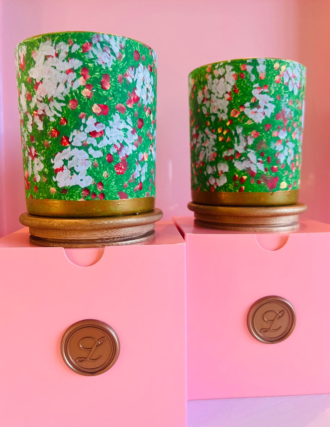 Hand painted candle pair green garden