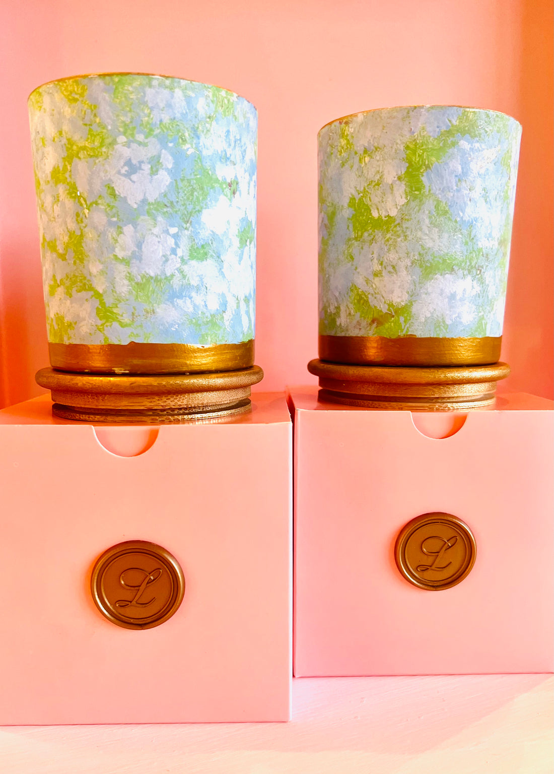 Hand painted candle pair soft meadow